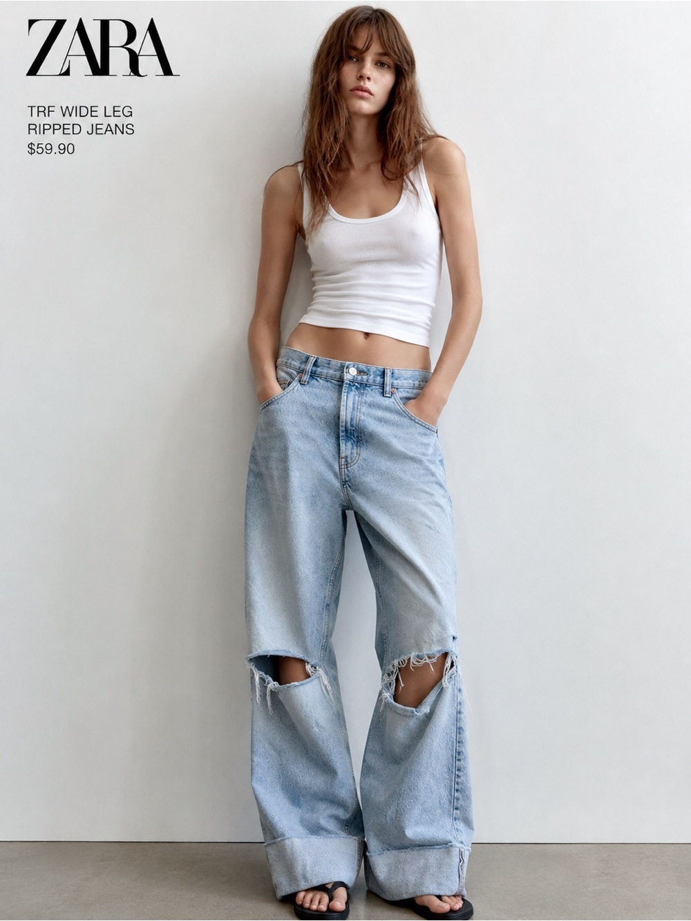ZARA Light Blue Distressed Wide-Leg Jeans cuffed